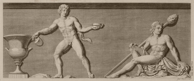 Ανάγλυφο τμήμα από τη ζωφόρο του Χορηγικού Μνημείου του Λυσικράτη (Φανάρι του Διογένη) στην οποία απεικονίζεται η αιχμαλωσία του Διονύσου από τους Ετρούσκους πειρατές: Σάτυρος και ο Διόνυσος.