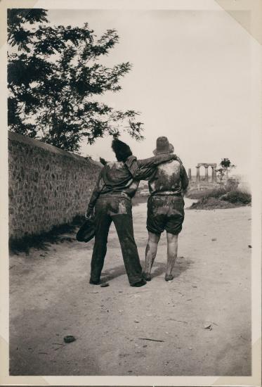 Corinth Excavations. Peirene. Gladys Davidson and Srah Freeman muddy from the drains