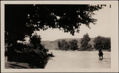 Olynthus Excavations. Retsinikia river, looking north - Olynthus on the other side.