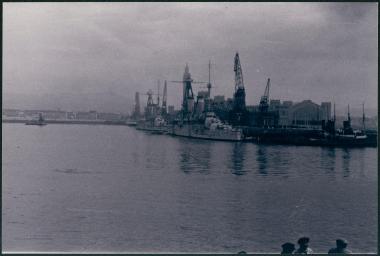 Battleship in the harbour of Peiraeus Near the custom house