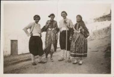 Richard H. Howland, Carol Bullard, Georg von Peschke and Mrs. Peschke in traditional Greek outfits on Skyros