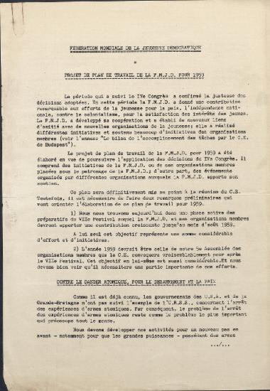 Projet de plan de travail de la F.M.J.D. pour 1959