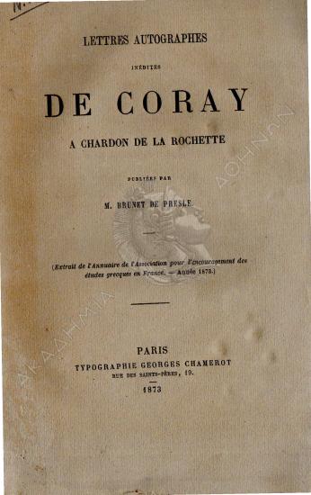 Lettres autographes inedites de Coray a Chardon de La Rochette