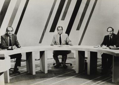 K. Mitsotakis, A. Abatielos and G. Arsenis in the ERT1 television studio