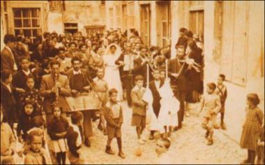 Lesbos Island (Asómatos) 1950: Musicians accompany the bride to the church