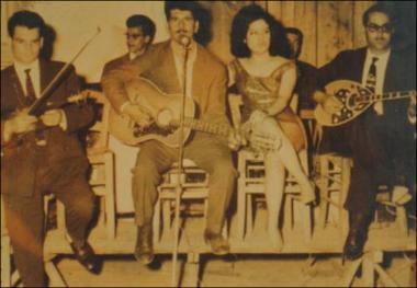 Lesbos Island (Gera) early 1960s: Musicians from Agiasos in a folk feast (glenti)