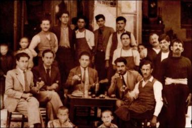 Lesbos Island (Agiasos) 1950-1960: Folk feast (glenti) in a kafeneio (local traditional cafeteria)