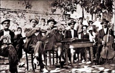 Lesbos Island (Megalochori) 1930: Folk feast (glenti) with musicians