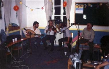 Lesbos Island (Stýpsi) 1997: The musicians Vasilis Vetsos (oud), Michalis Kyriakoglou (violin) and the singers Solonas Lekkas and Nikos Valasis.