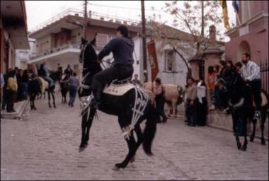 Lesbos Island (Thermi) 1996: Riders with decorated horses in the religious feast