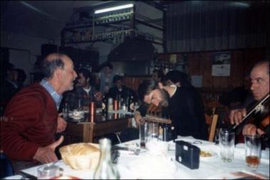 Lesbos Island (Stýpsi) 1997: Folk feast (glenti) in a kafeneio (local traditional cafeteria)teria)