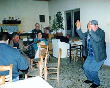 Lemnos Island (Agios Dimitrios) 1998: A spontaneous folk feast (glenti) in the kafeneio (local traditional cafeteria) of Antonis  Fatzikis