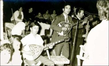 Chios Island (Tholopotami), 1975: Musicians in a wedding folk feast (glenti)