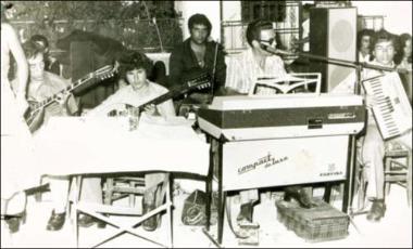 Chios Island (Neochori), mid-1970s: Musicians in a wedding folk feast (glenti)