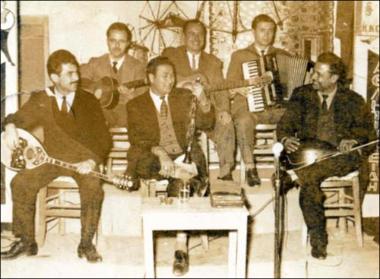 Chios Island (Vrontados), early 1970s: Musicians in the nightclub with Greek music called 