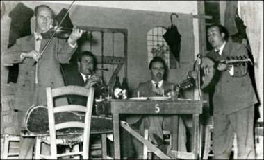 Chios Island (Vrontados), 1950: Musicians in the  night club with Greek music called Daskalopetra