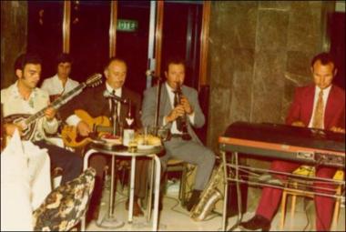 Chios Island (Kalimasia), 1976: Musicians in a kafeneio (local traditional cafeteria)