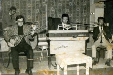 Chios Island (Kontari), mid-1970s: Musicians in a nightclub with Greek music