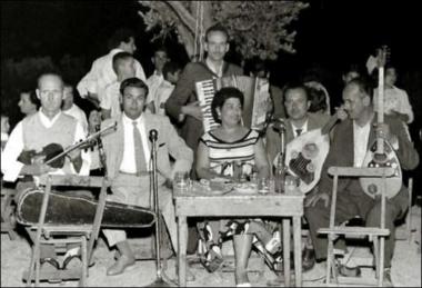 Chios Island (Karies), 1955: Musicians in a kafeneio (local traditional cafeteria)