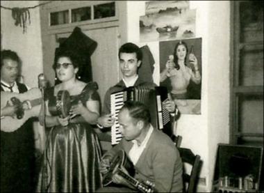 Samos Island (Mytilinioi),1950s: Musicians in a kafeneio  (local traditional cafeteria)