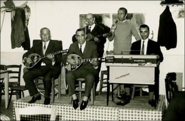 Samos Island (Mytilinioi) 1971: Musicians in a kafeneio  (local traditional cafeteria)