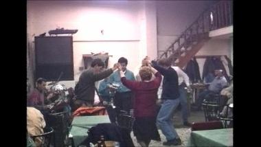 Lesbos Island (Kerameia), 1997: A band playing a syrtos during a revelry at a coffee shop