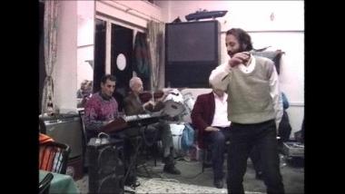 Lesbos Island (Kerameia), 1997: A band playing a karsilamas during a revelry at a coffee shop