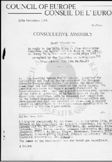 Conseil de l' Europe-Council of Europe-Draft resolution in reply to the fifth report of the Ministerial Committee For Argiculture and Food of the OEEC on trends  in argicultural policies since 1955