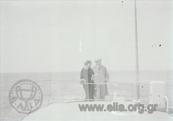 The Vafiadakis couple on a deck travelling to Italy.