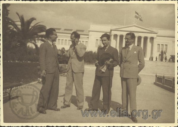 Group portrait of men of literature in the Zappeio. Ilias Venezis, Angelos Terzakis, Stratis Myrivilis, Thrasos Kastanakis.