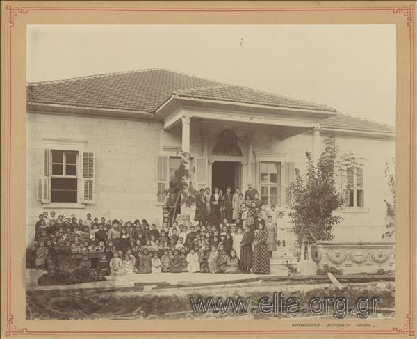 Group portrait of students and teachers of the Mavromati Girls' School Mavromati.