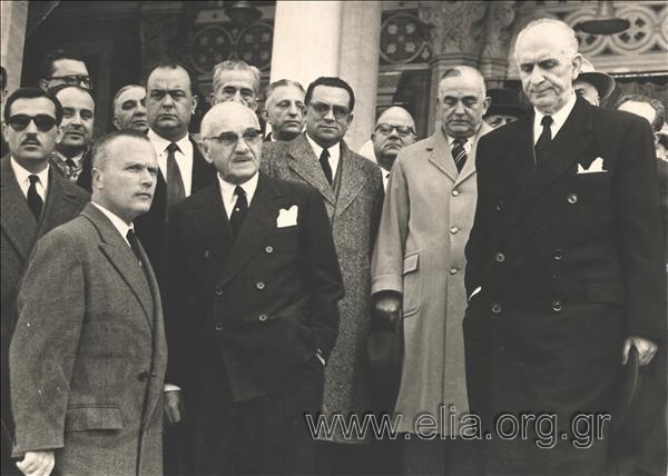 Georgios Papandreou and politicians (G. Athanasiadis-Novas, S. Venizelos, Gr. Kasimatis) at Alexandros Svolos' funeral