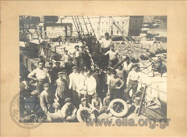 Crew of a merchant ship at the Alicante harbour.