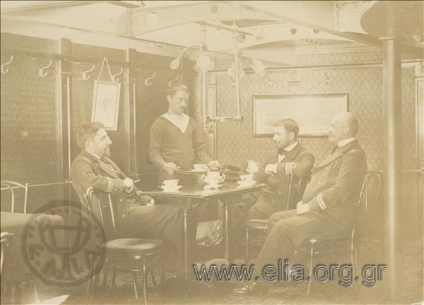 Sofoklis Dousmanis and officers at the officers' mess on  board a battleship