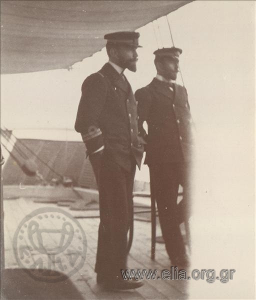 Sofoklis Dousmanis and a fellow officer on board a naval ship of the Greek Navy