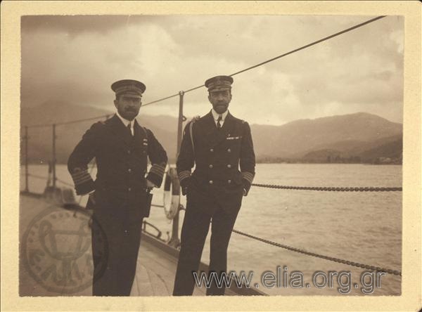 Royal Navy Captain Sofoklis Dousmanis and Stefanos Papparigopoulos on the deck of Battleship Averof.