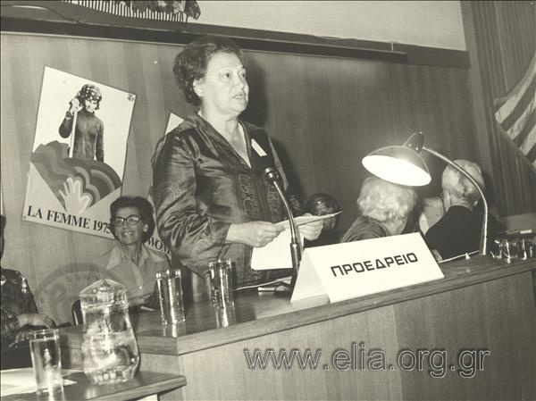 Amalia Fleming speaks at a Conference for women's rights.