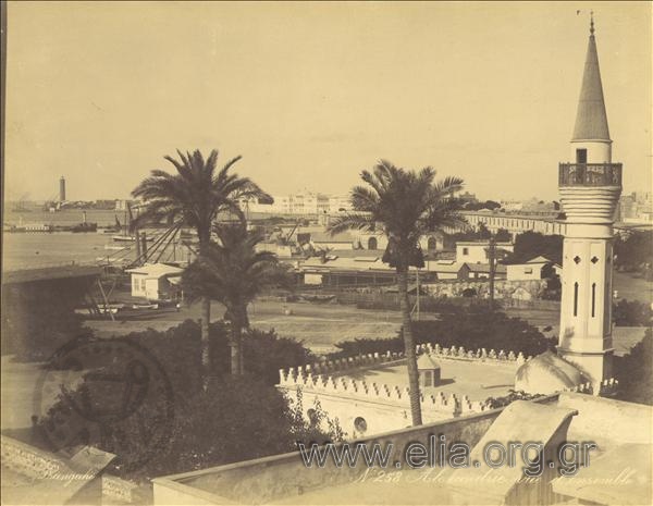 City view near the port, minaret