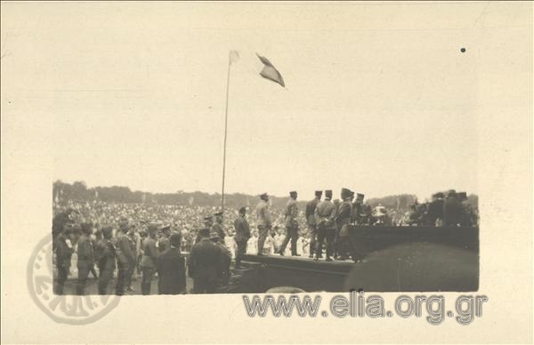 7th Olympic Games, Antwerp 1920. Officers in daises, in an Antwerp stadium. Before them, the United States team.