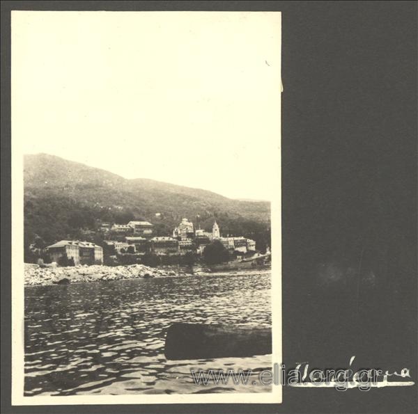 General view of the Monastery of Panteleimonas (Russian). Journey to Mt. Athos