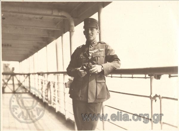 Asia Minor campaign, visit of King Konstantinos: Crown Prince Georgios on the deck of a boat.