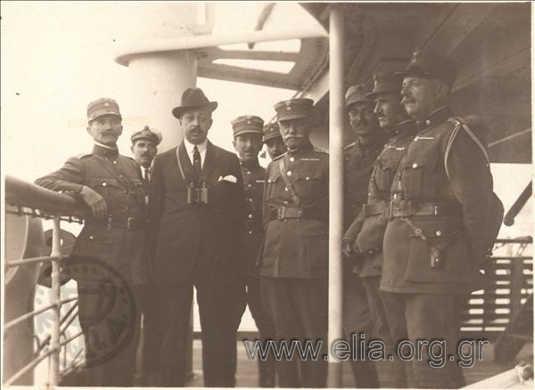 Asia Minor campaign, visit of King Konstantinos: military officers on the deck of a ship.