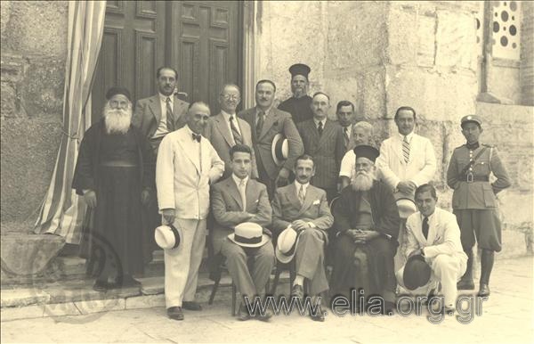 Committee for the erection of the Agia Lavra monument. At left, Kostas Dimitriadis standing, next to him Lambros Eftaxias seated.