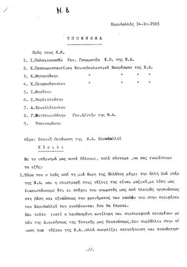 Από Τοπική Οργάνωση ΝΔ Κορυδαλλού, υπόμνημα προς ανώτατα όργανα και στελέχη της ΝΔ με προτάσεις για τη βελτίωση της κομματικής λειτουργίας