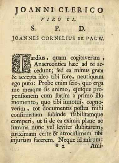 Ἀνακρέων. Anacreontis Teii Odae et Fragmenta, Graece et Latine, cum notis Ioannis Cornelii de Pauw..., Οὐτρέχτη, Guilielmus Kroon, 1732.