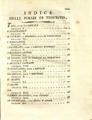 Θεόκριτος - Μόσχος - Βίων - Βιργίλιος. Simmia Greco-latini con la Buccolica di Virgili Latino-Graeca volgarizzati... da Eritisco Pilenejo..., τ. Α´, Πάρμα, Dalla Stamperia Reale, 1780.