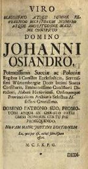 Marcus Iunianus Iustinus. Explicatus sive Historiae Philippicae... Erklärung Des Justini... Emanuel Sincerum, Vugspurg, Merk und Mener, 1758.