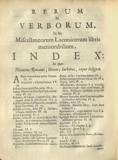 Ioannes Meursius. V. Cl. Ioannis Meursi Miscellanea Laconica... Curâ Samuelis Pufendorfii..., Ἄμστερνταμ, Judocus Pluymer, 1661.