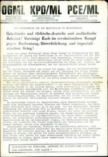 Griechische und türkische, deutsche und ausländische Arbeiter! Vereinigt Euch im revolutionären Kampf gegen Ausbeutung, Unterdrückung und imperialistischen Krieg!