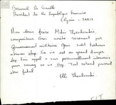 Letter from Elli Theodoraki to President De Gaulle